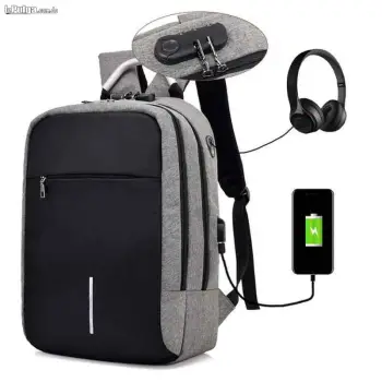 Mochila antirrobo impermeable con puerto de carga usb y audífonos.