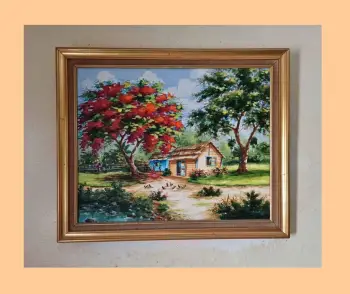 Cuadro con paisaje de framboyan tamaño 89 cms de ancho y 67