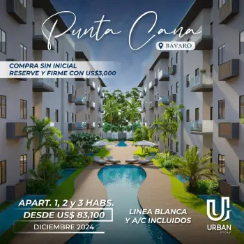 Apartamentos con linea blanca y a/c desde us83100 punta cana